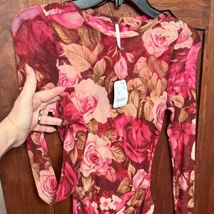 Free People Pink and Red Floral Long Sleeve Dress